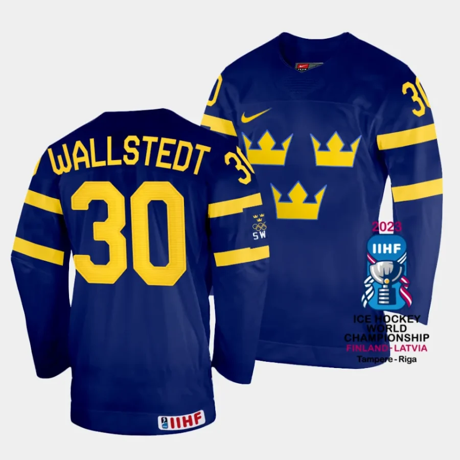 sweden jesper wallstedt 2023 iihf world championship navy away jersey