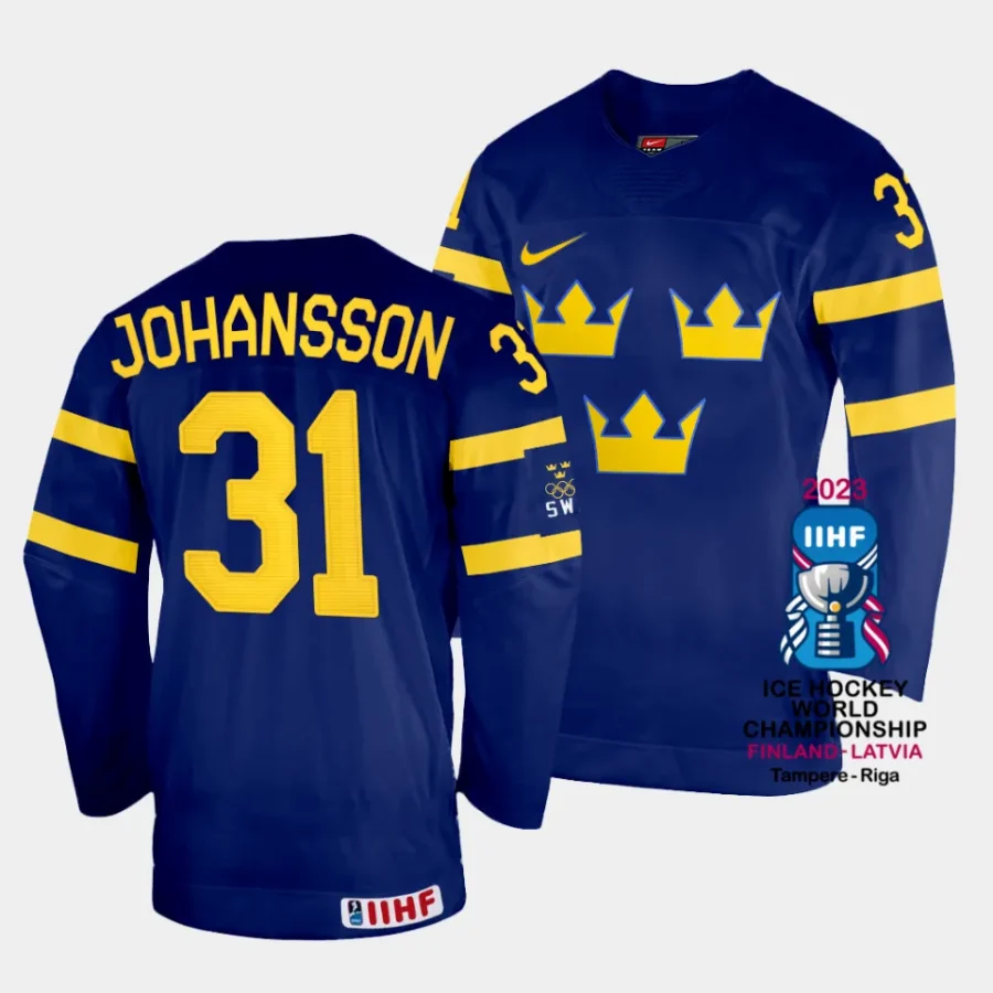 sweden lars johansson 2023 iihf world championship navy away jersey