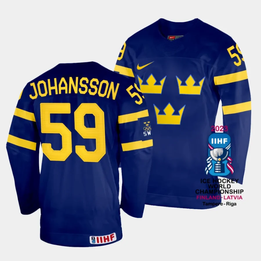 sweden linus johansson 2023 iihf world championship navy away jersey