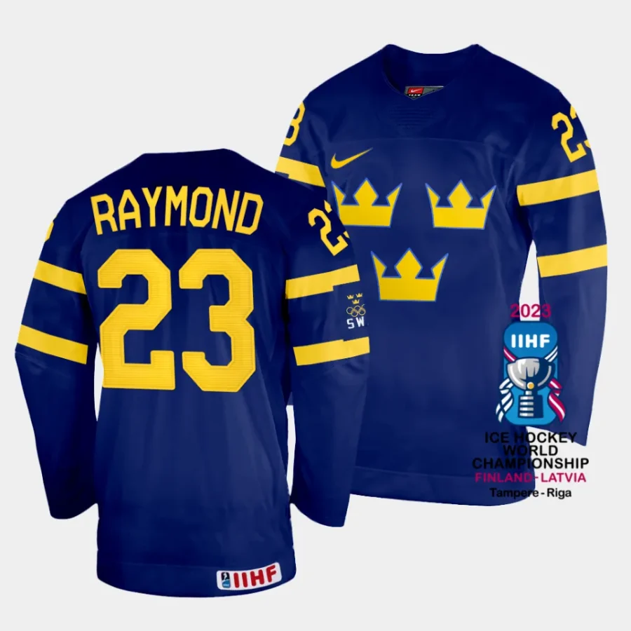 sweden lucas raymond 2023 iihf world championship navy away jersey