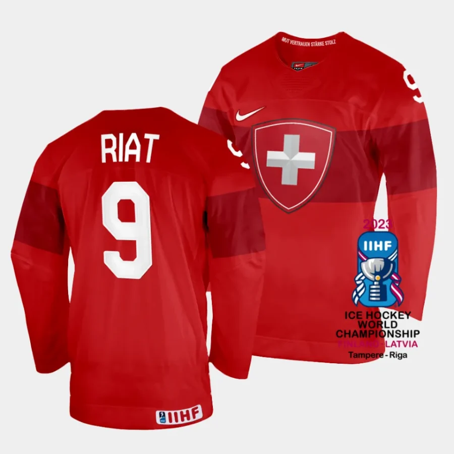 switzerland damien riat 2023 iihf world championship red away jersey