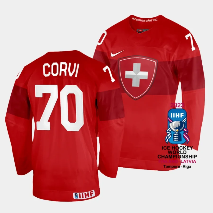 switzerland enzo corvi 2023 iihf world championship red away jersey