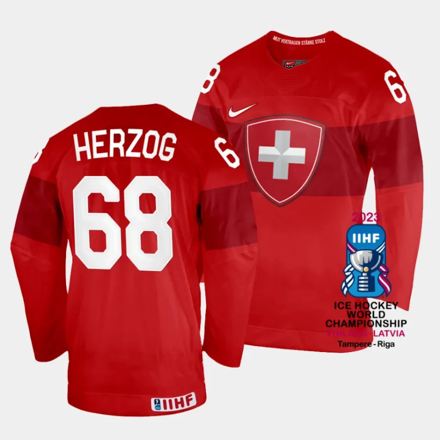 switzerland fabrice herzog 2023 iihf world championship red away jersey