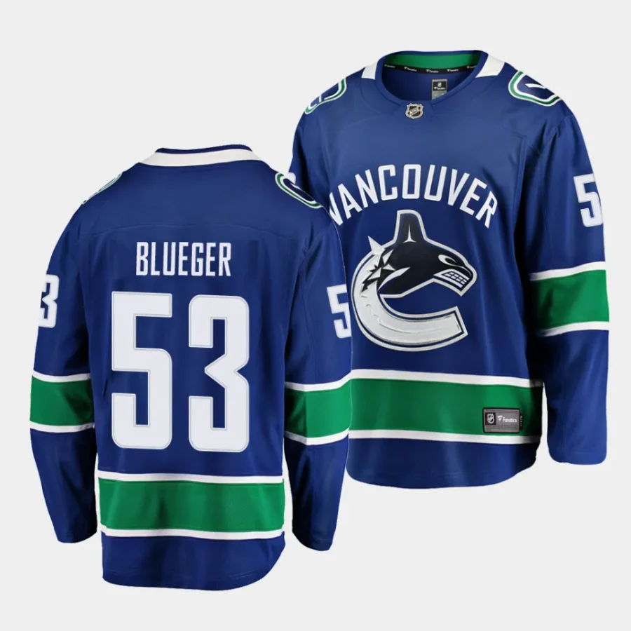 teddy blueger canucks blue home breakaway player jersey