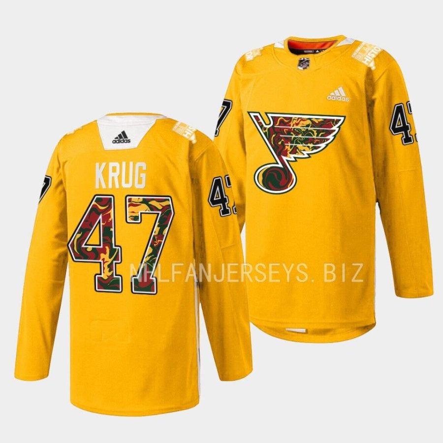 torey krug blues yellow 2023black history night warmup jersey