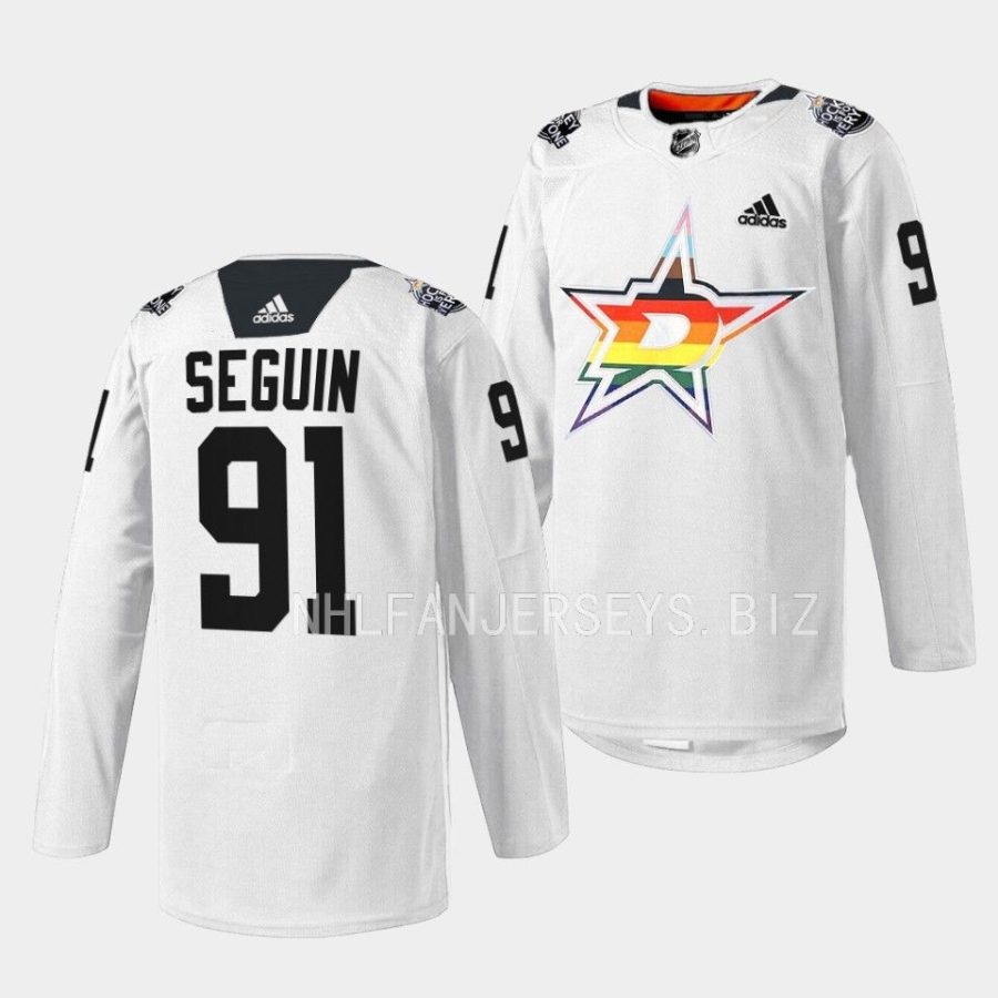 tyler seguin stars warm up 2023 pride night white jersey