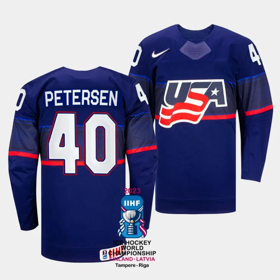 usa cal petersen 2023 iihf world championship blue away jersey