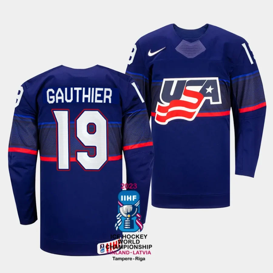 usa cutter gauthier 2023 iihf world championship blue away jersey