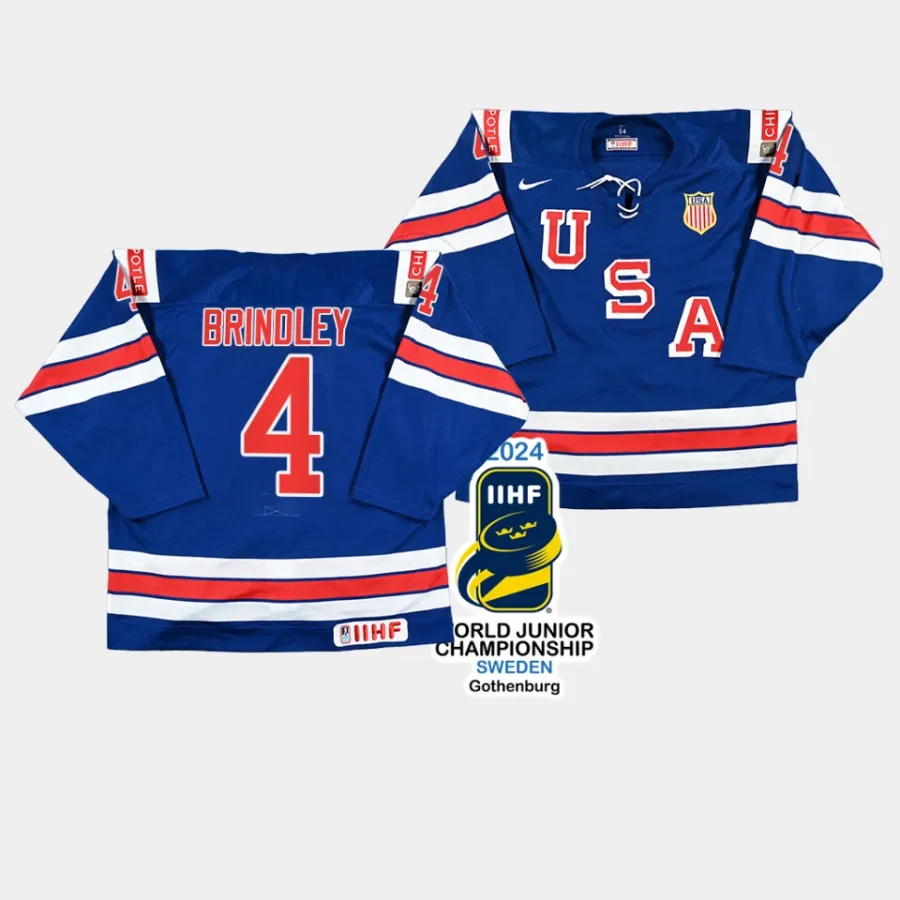 usa gavin brindley 2024 iihf world junior champions blue jersey