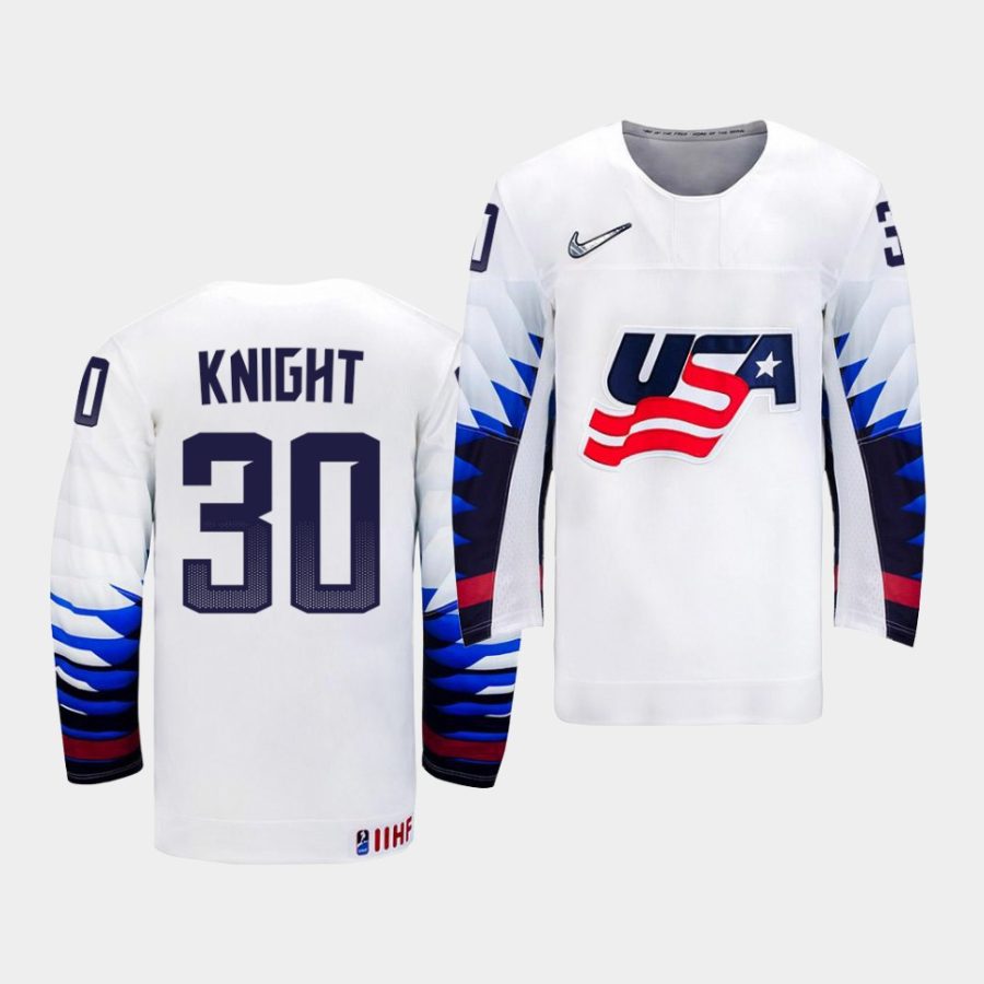 usa team spencer knight 2021 iihf world junior championship white home jersey