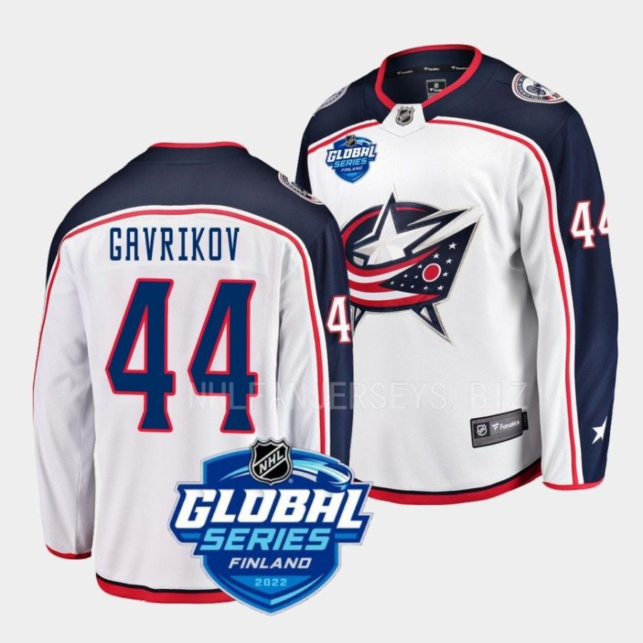 vladislav gavrikov blue jackets white 2022 nhl global series away jersey