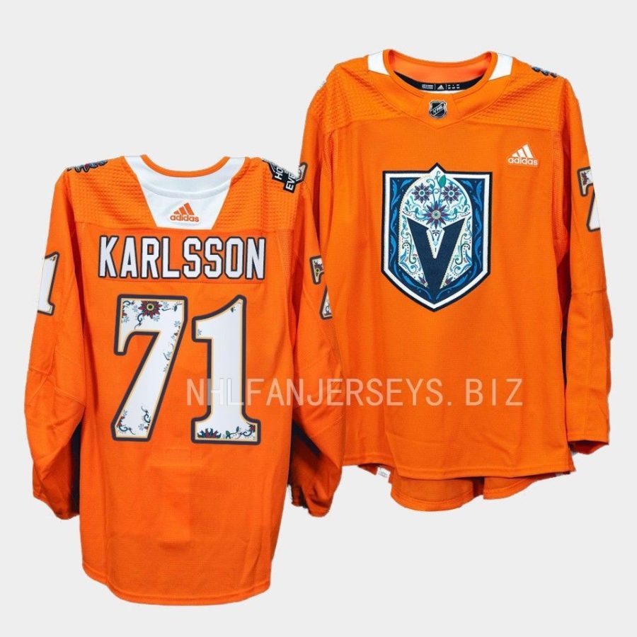 william karlsson golden knights warmups 2022hispanic heritage night orange jersey